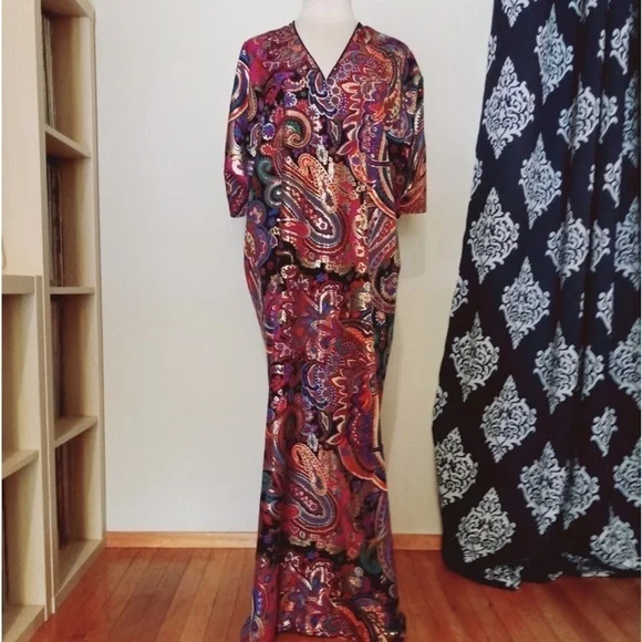 VTG Oscar de la Renta for Swirl Paisley Maxi Caftan Dress Made in USA Size 1X - Picture 4 of 12
